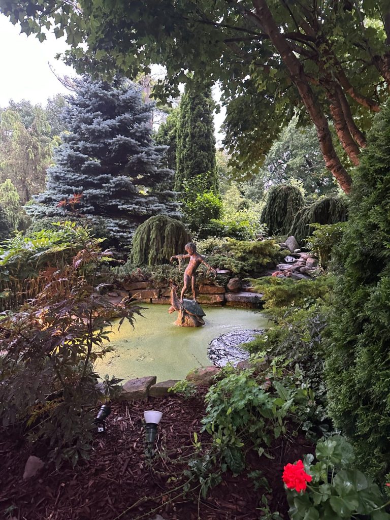 Boy on a Turtle Sculpture in the Waterfront Garden Pond Bronze sculpture of a boy riding a turtle in a garden pond at Wind in the Willows Oasis.