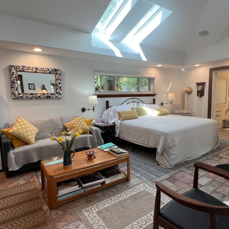 Luxury King Guest Suite with Skylights Luxury king guest suite featuring a Stearns & Foster bed, sitting area, cathedral ceilings, and bright remote-controlled skylights at Wind i